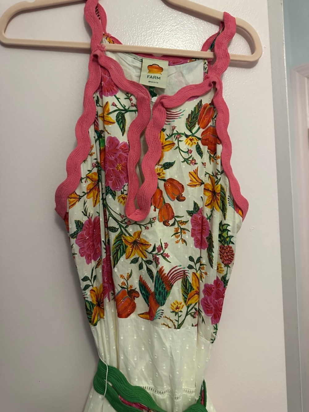 FARM Rio White Floral Tiered Maxi with Pink Trim and Green Tie - Picture 2 of 12